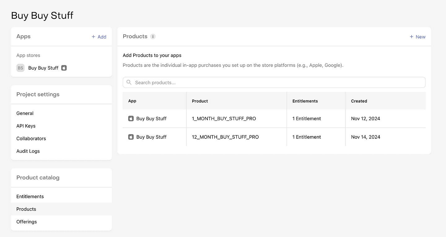 Example products in Revenuecat